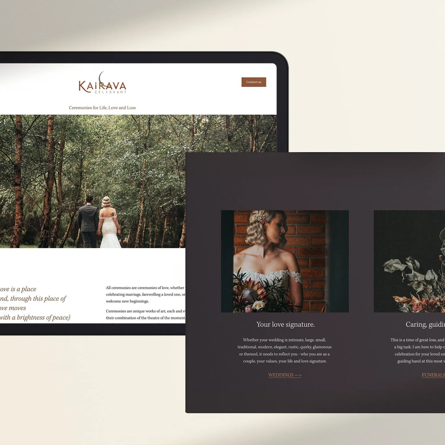 Kairava page layouts combining forest imagery and contrasting backgrounds.