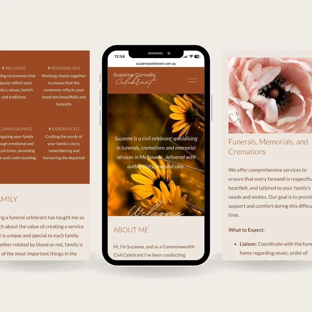 Warm-toned page layouts and mobile presentation for Suzanne Connelly.
